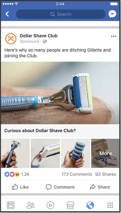 Dollar Shave Club sponsored post in the Facebook mobile feed, with a razor photo and a row of product images beneath it