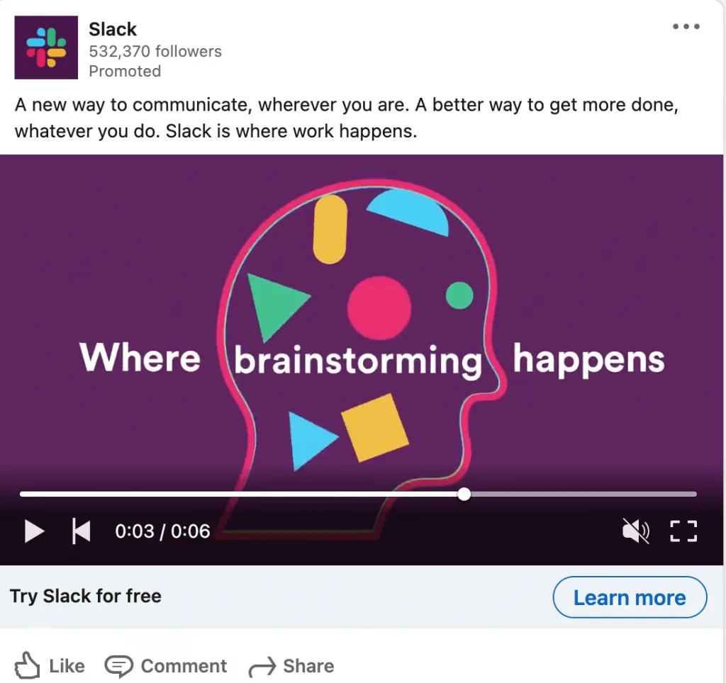 Slack promoted video post on LinkedIn with a Try Slack for free call to action